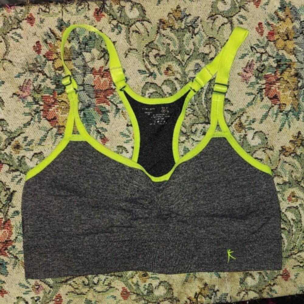 charcoal heather grey with neon green detail keyhole back racerback sports bra